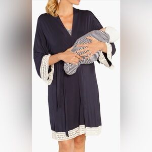 Angel Maternity: Elegant Navy Women's Robe, nursing dress, baby blanket set